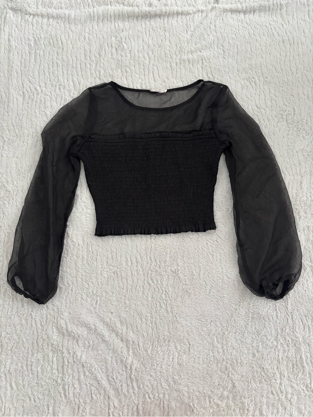 a'gaci Black Sheer Puff-Sleeve Smocked Crop Top